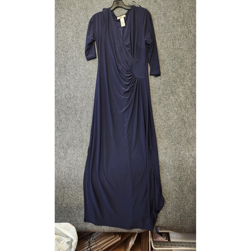 Laundry By Design Dress Womens L Navy Ruched Wrap Maxi Jersey V Neck 3/4 Sleeve